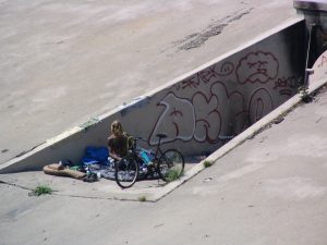 Up LA River Part 3: homeless man with bike & guitar